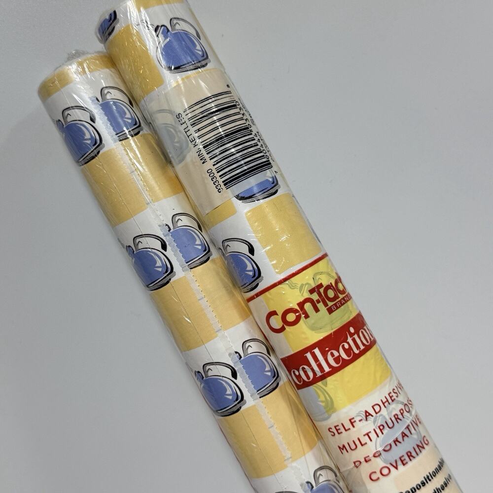 2 Vtg 1999 Con-Tact Yellow Blue Kettles Kitchen Self Adhesive Shelf Drawer Liner